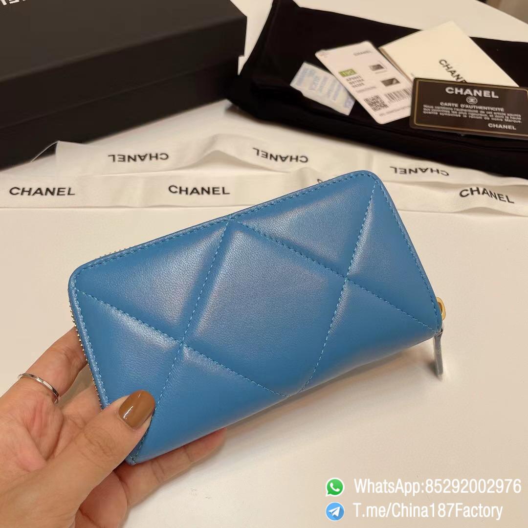 187 Factory Middle Chanel 19 Zipped Wallet Blue Shiny Lambskin Gold Tone Metal 03 187 Factory Middle Chanel 19 Zipped Wallet Blue Shiny Lambskin Gold Tone Metal 03