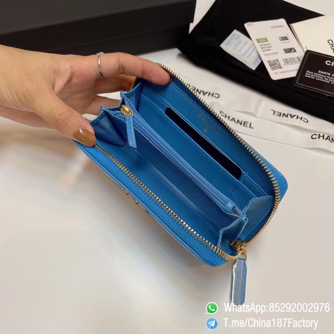 187 Factory Middle Chanel 19 Zipped Wallet Blue Shiny Lambskin Gold Tone Metal 07 187 Factory Middle Chanel 19 Zipped Wallet Blue Shiny Lambskin Gold Tone Metal 07